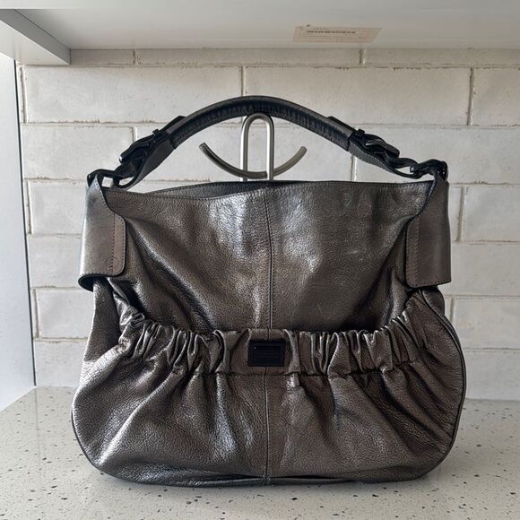 Burberry Warrior Metallic Pewter Leather Satchel Shoulder Handbag Hobo Ruched - Picture 3 of 16